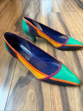 GorgeTimothy Hitsman Multicolor Leather Kitten Heels - Green/Yellow/Blue -sz 9